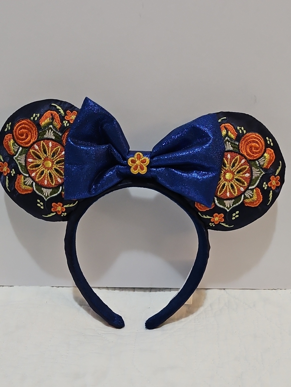 Disney Navy Blue Embroidered Floral Minnie Ears Headband with Shiny Bow